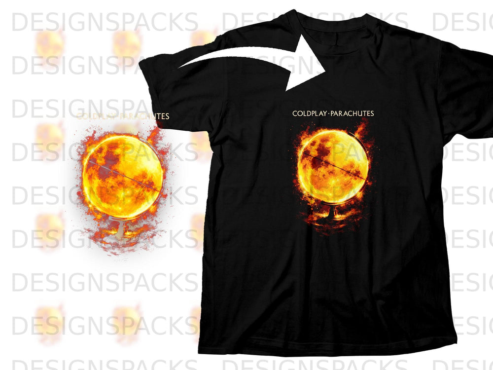 Black t-shirt with Coldplay Parachutes album art featuring a fiery globe.