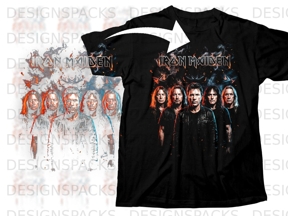 Black t-shirt with Iron Maiden band members and logo design