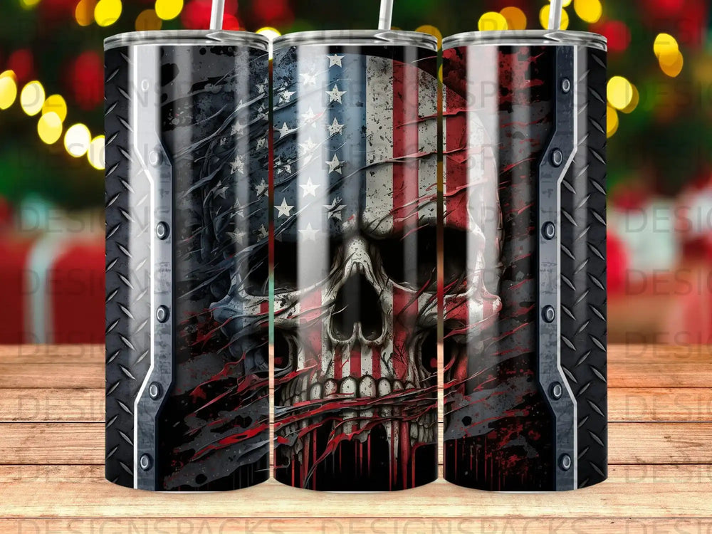 Skull with distressed American flag overlay and metallic trim.