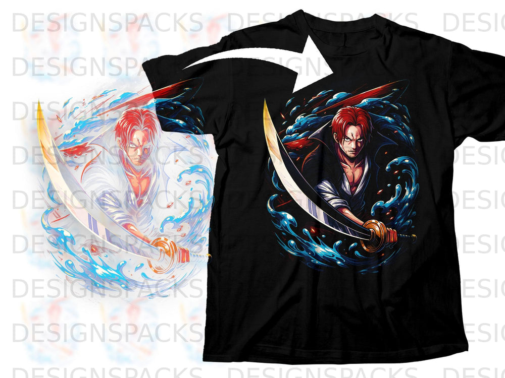 Black t-shirt featuring anime character Shanks with a sword and water effects.