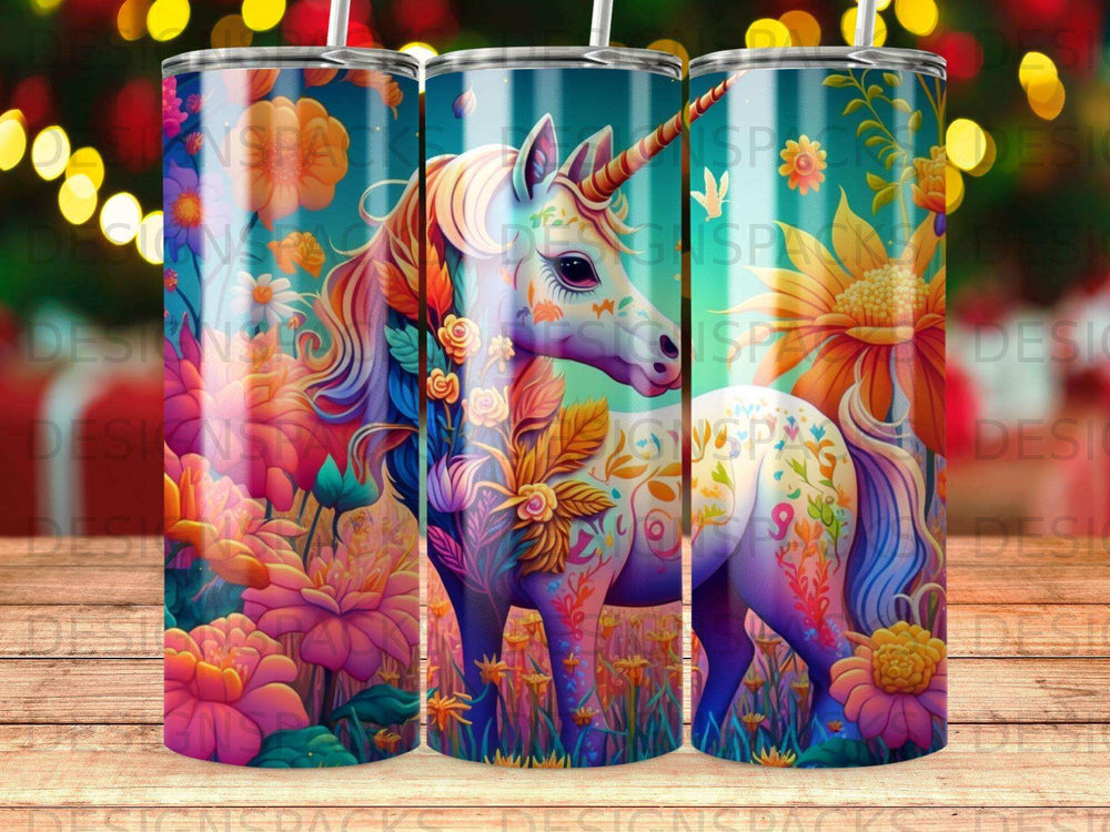 Colorful unicorn with floral patterns in a field of flowers.