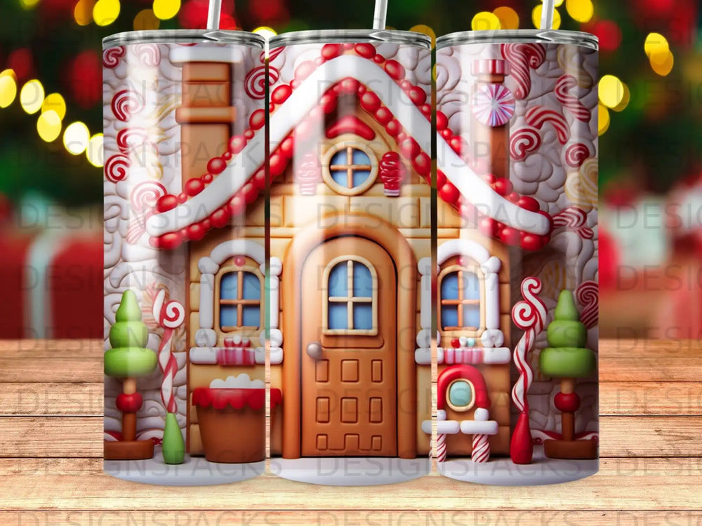 Gingerbread house design with candy canes and Christmas lights.