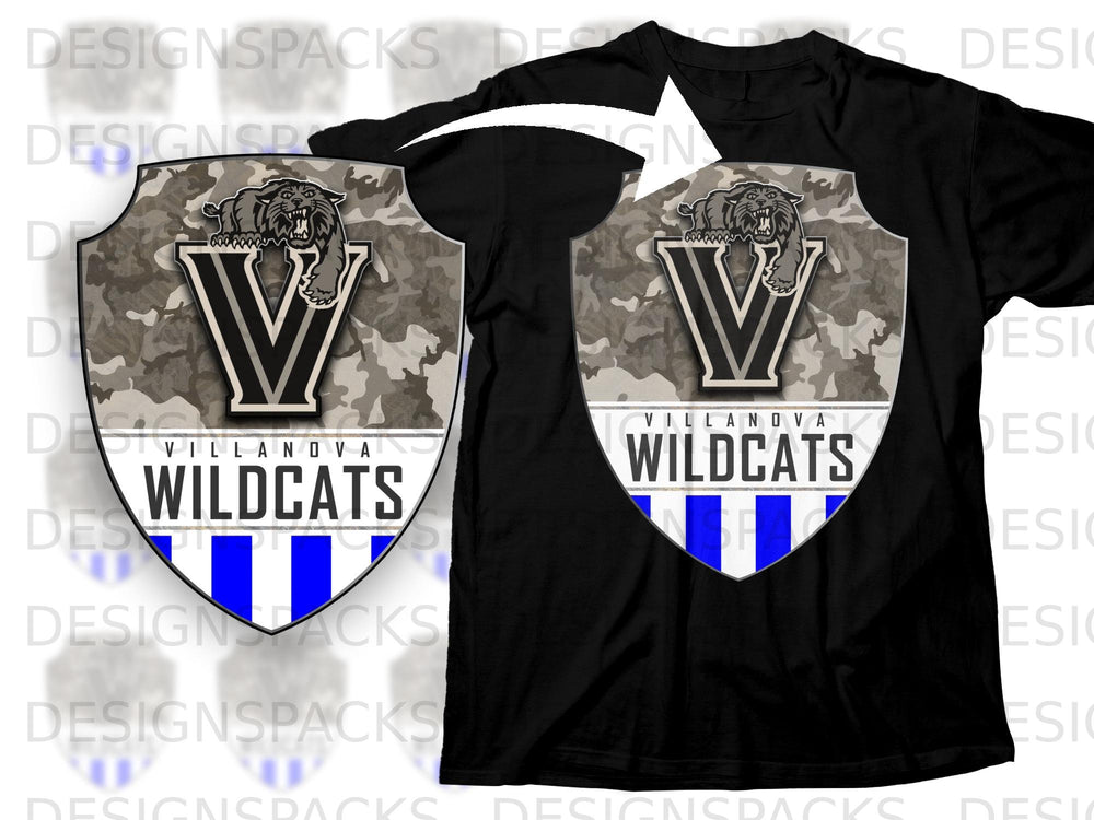Black t-shirt with a shield graphic featuring a wildcat and "VILLANOVA WILDCATS".