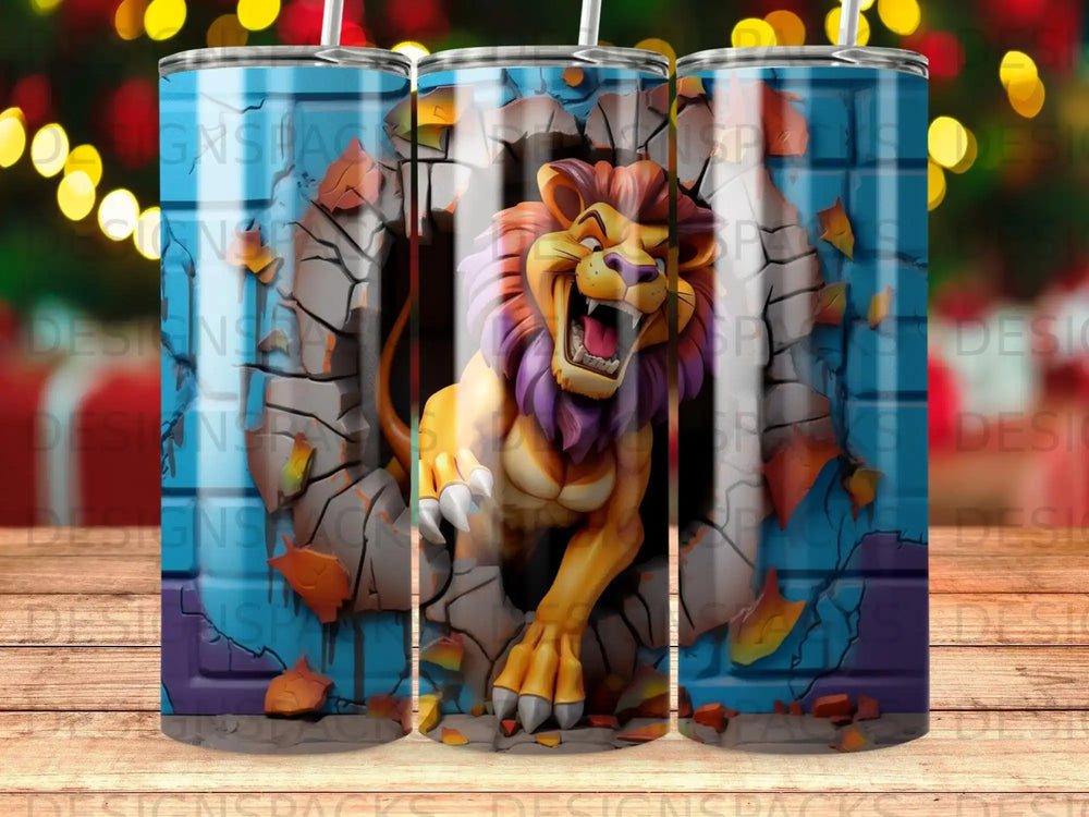Lion breaking through a cracked wall, roaring, on a blue background.