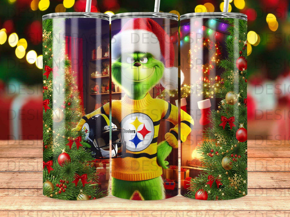 The Grinch in a Steelers jersey with a football helmet and Christmas decorations.