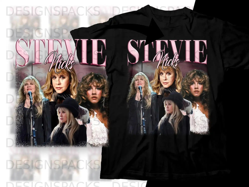 Black t-shirt with collage of Stevie Nicks images and "Stevie Nicks" text.