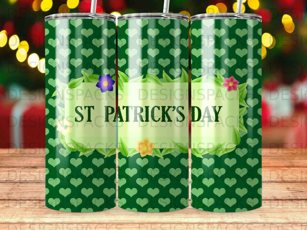 Green hearts pattern with "St. Patrick's Day" text on a tumbler.