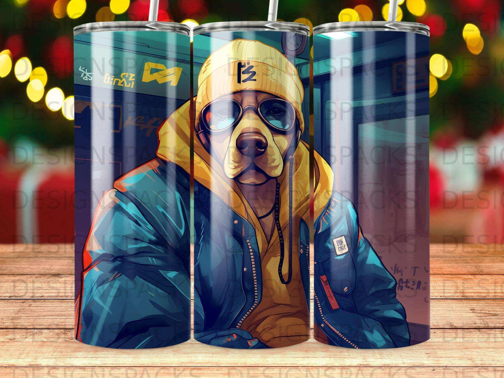 Dog wearing sunglasses and hoodie, with city background.