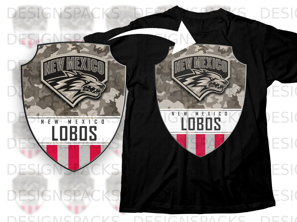 Black t-shirt with "New Mexico Lobos" shield logo featuring a wolf and camouflage pattern.