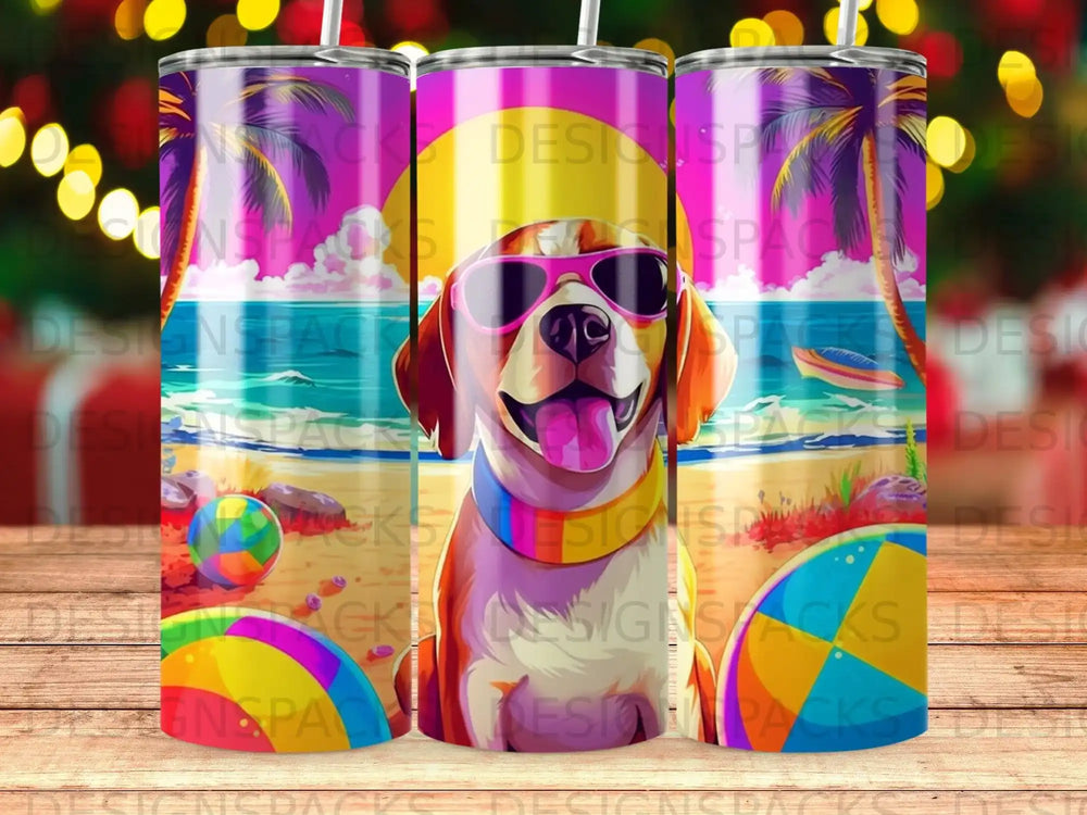 Dog in sunglasses on beach with beach balls and palm trees.