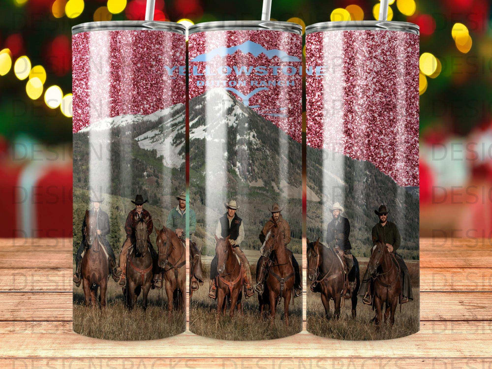 Cowboys on horseback ride past a mountain under a starry sky.