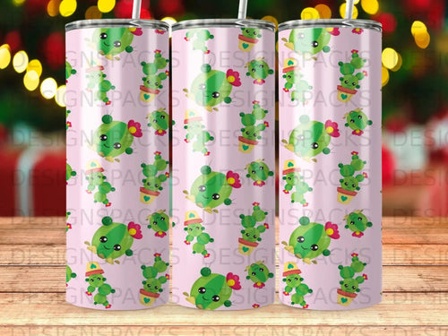 Pink tumbler with repeating cartoon cactus pattern.