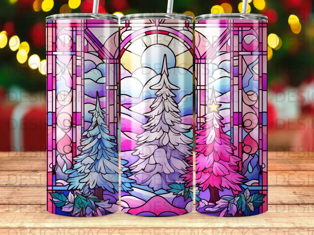 Stained glass tumbler design with snowy trees and celestial background.