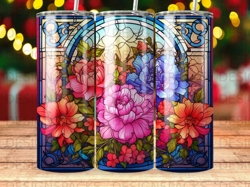 Stained glass design with vibrant pink, red, and blue flowers.