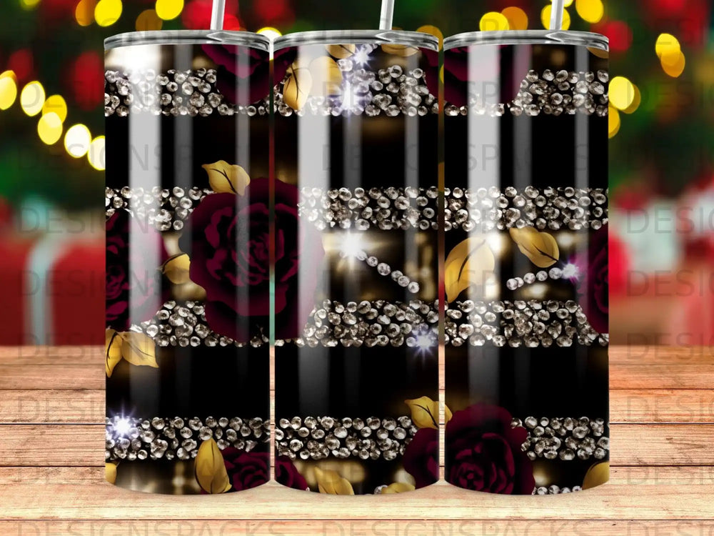 Black tumbler with glitter, roses, and gold leaves.