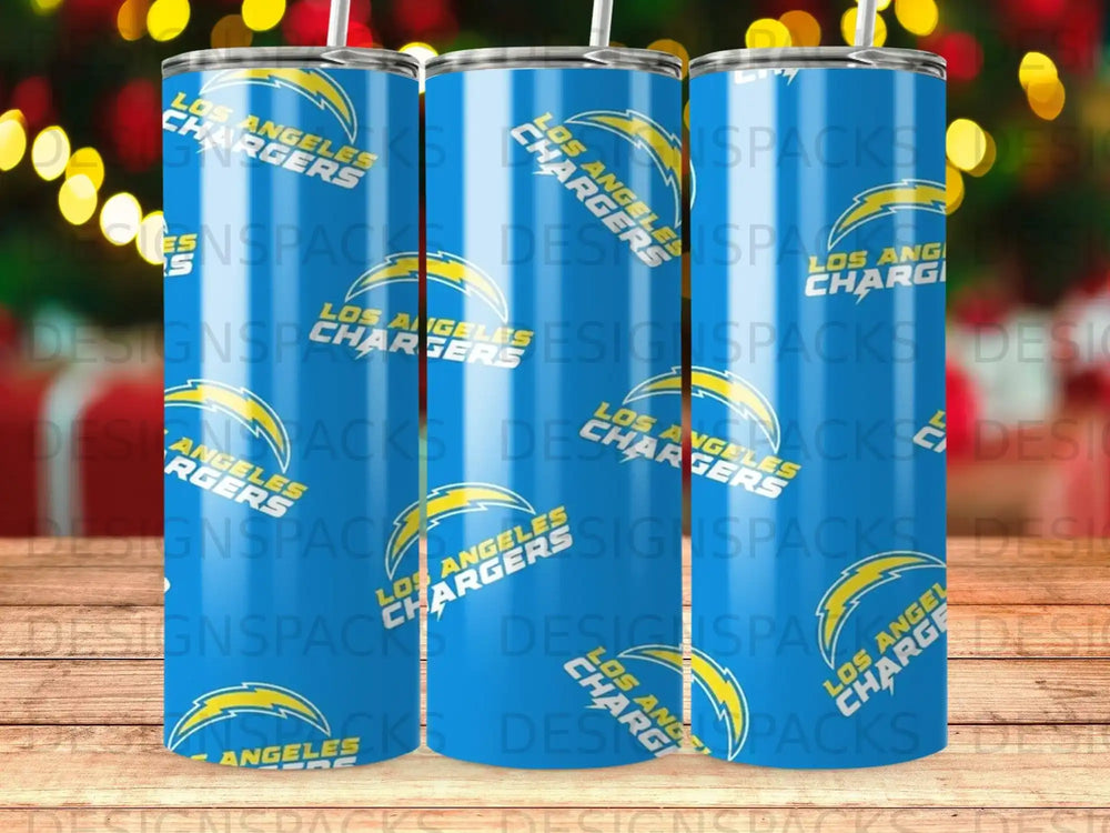 Los Angeles Chargers tumbler with team logo and repeating text pattern.