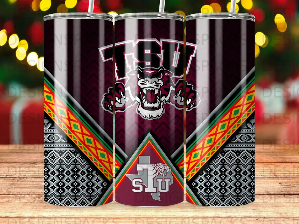 TSU logo and Texas State University design on a tumbler.