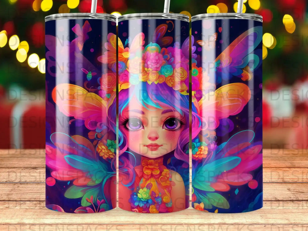 Fairy with colorful wings and floral crown, against a dark, starry background.
