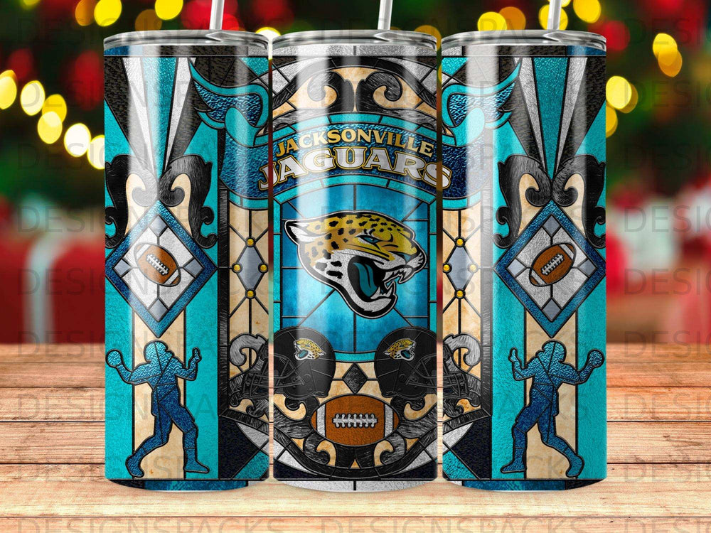 Jacksonville Jaguars logo on a stained glass and football-themed tumbler.