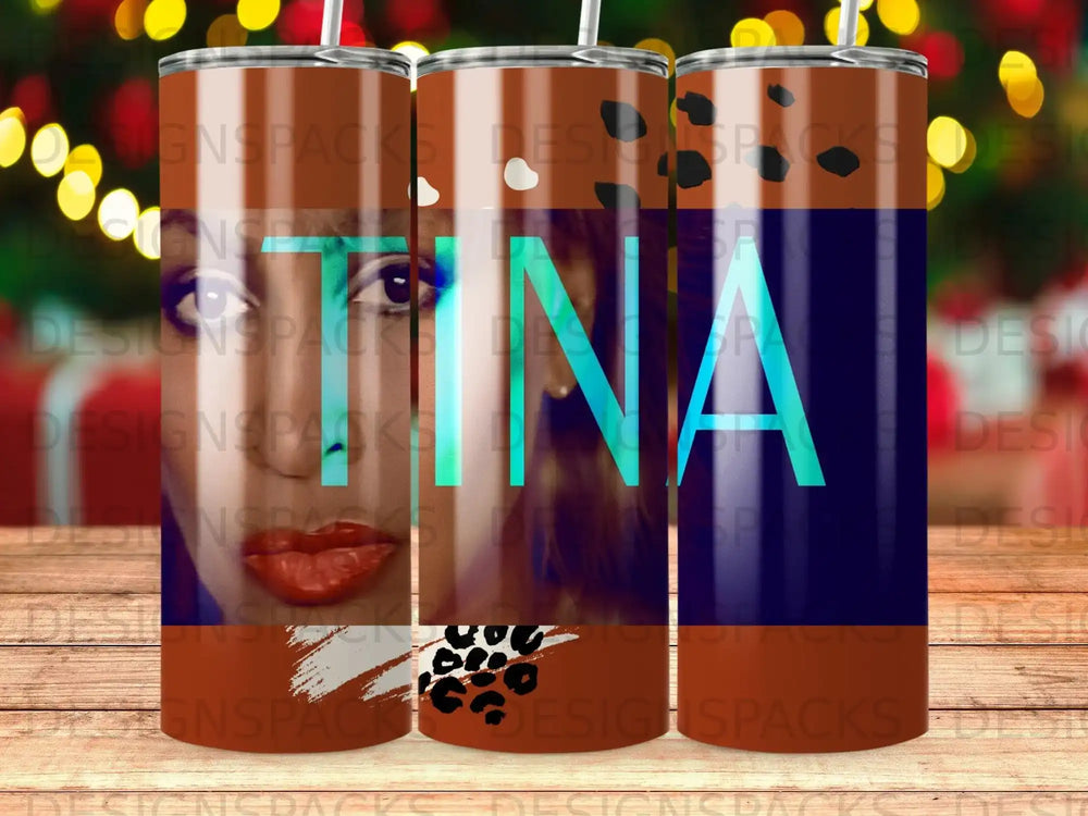 Tina tumbler with blue and green lettering and leopard print accent.