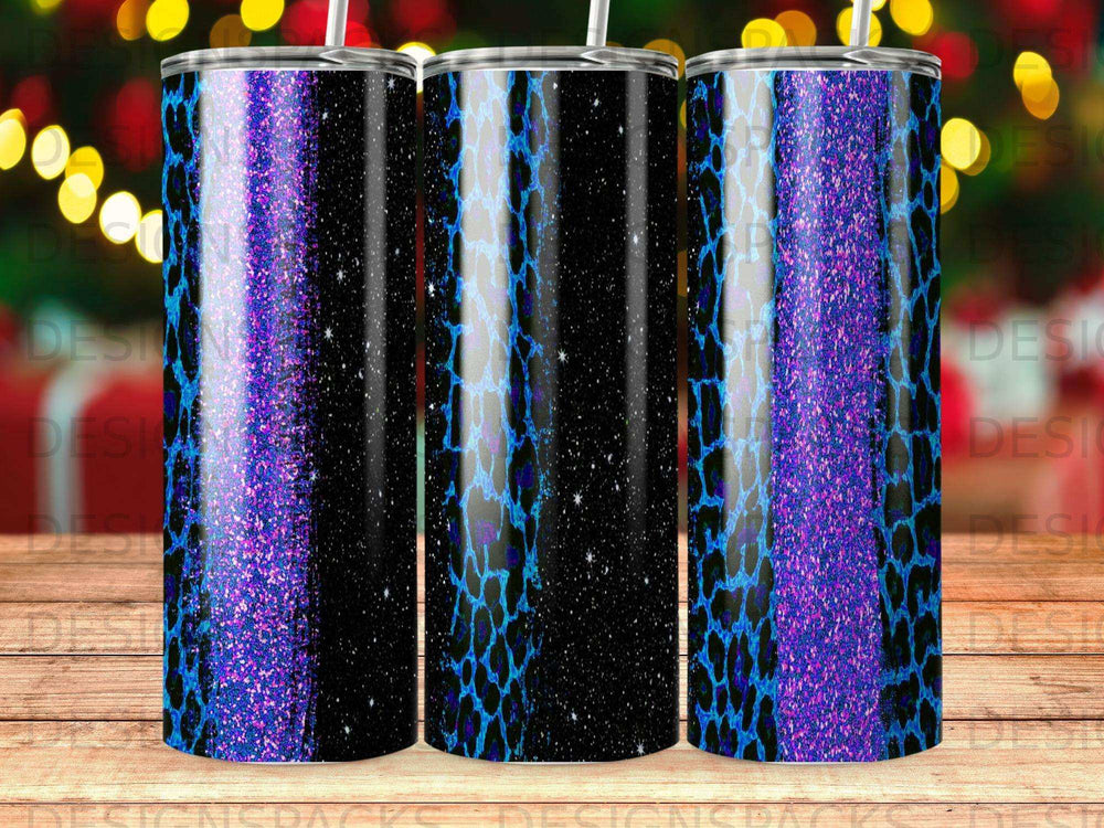 Black tumbler with a blue and purple animal print pattern and glitter stripe.
