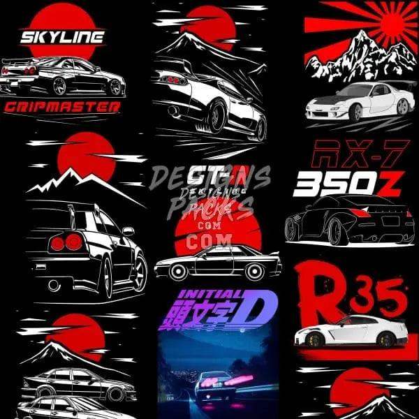 Japanese car designs with skyline, rx-7, r35, and initial d themes for DTF/DTG printing