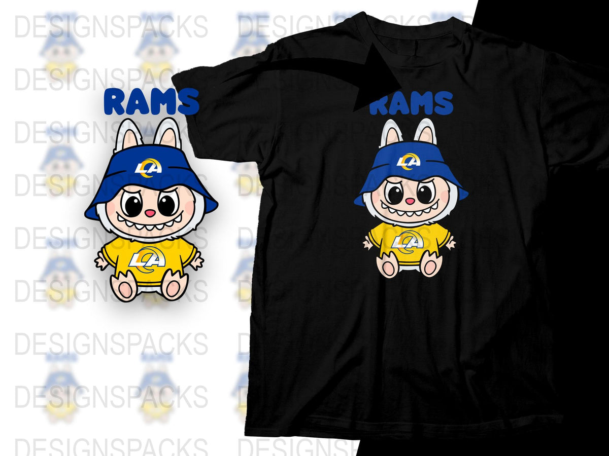 Rams Cartoon Character T-Shirt, Cute Animated Sports Mascot, Kids and Adults Black Tee