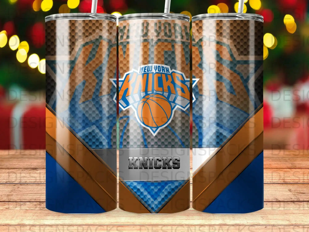New York Knicks logo on a blue and orange honeycomb pattern tumbler.