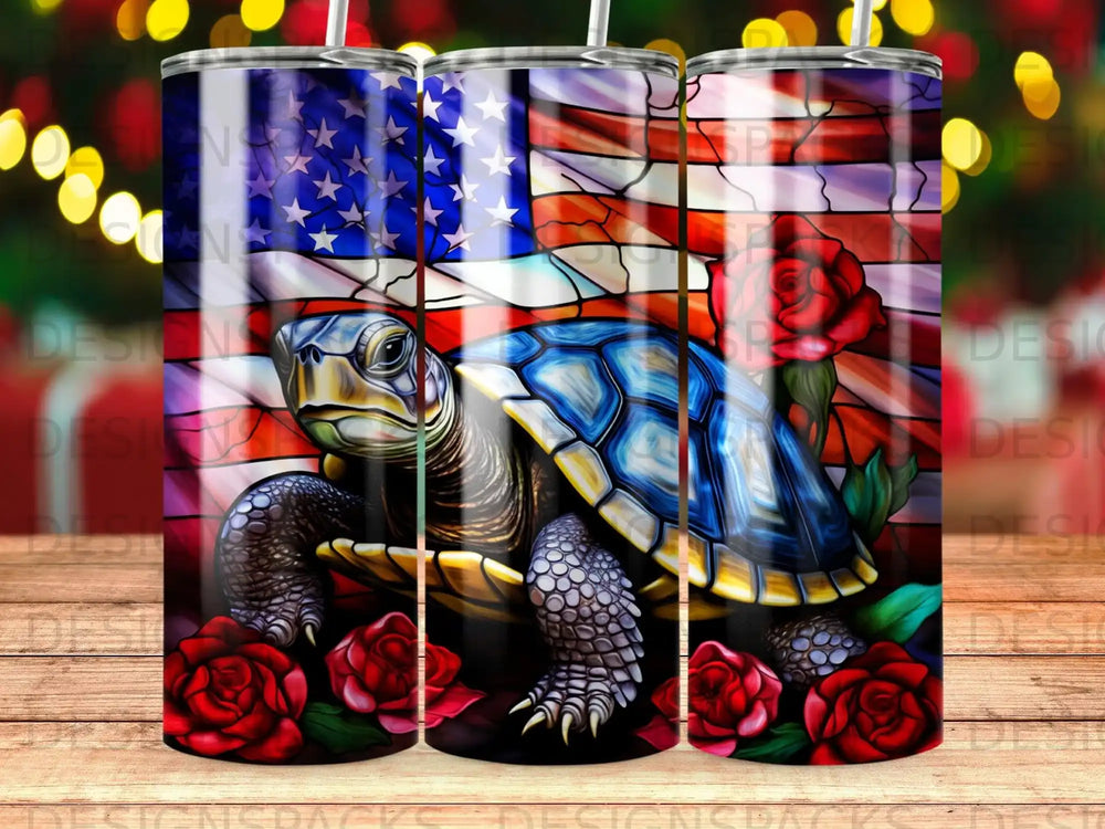 Turtle with American flag and red roses.