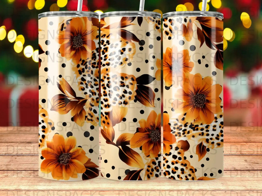 Floral and leopard print tumbler with warm colors and a cream background.