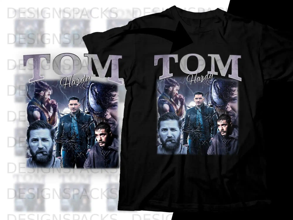 Collage of Tom Hardy as Venom and Eddie Brock on a black t-shirt.