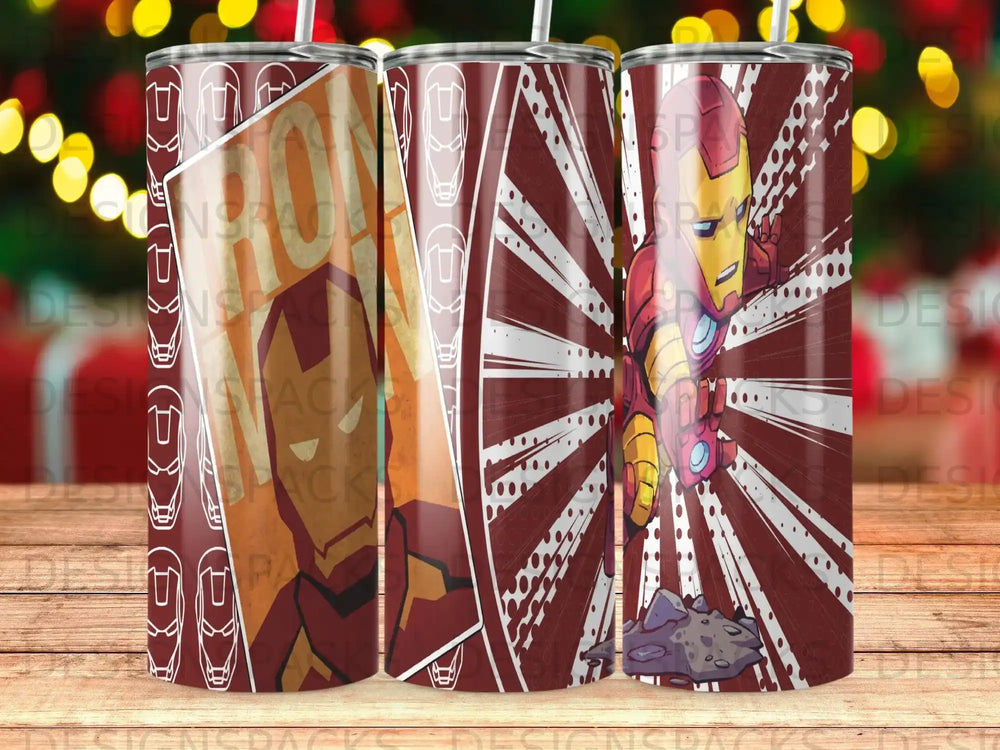 Iron Man superhero tumbler with red and yellow design.
