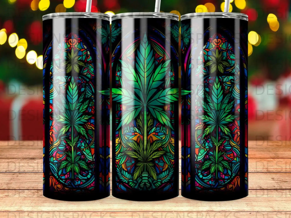 Stained glass cannabis leaf design on a set of three tumblers.