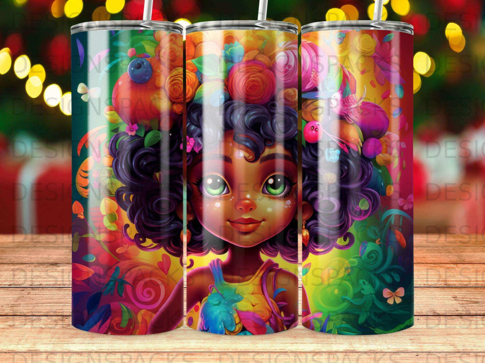 Colorful tumbler featuring a young girl with vibrant flowers in her hair.