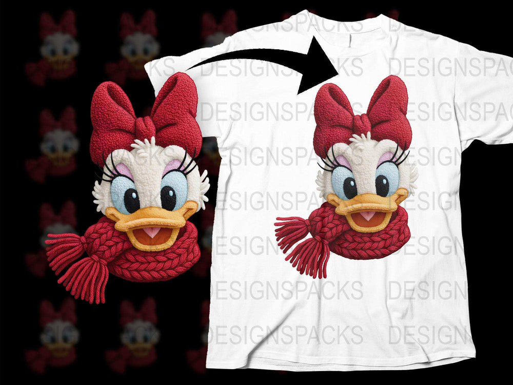 Cartoon Duck Red Bow Character T-Shirt, Cute Animal Graphic Tee for Kids and Adults, Casual Wear