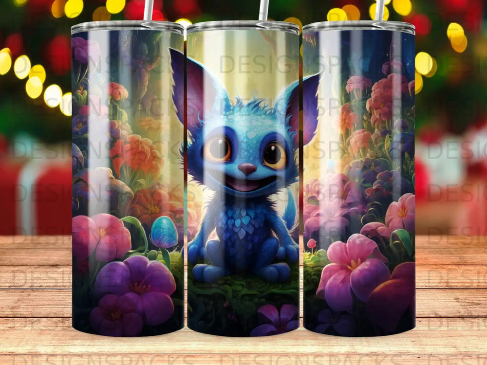 Blue fantasy creature with large eyes in a colorful, magical forest.