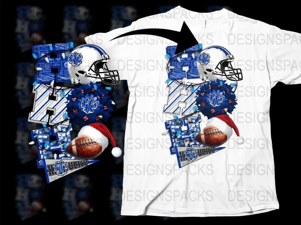 Festive Football T-Shirt, Kentucky Sports Theme, Graphic Tee, Santa Hat Design, Unique Sports Fan Gift Idea