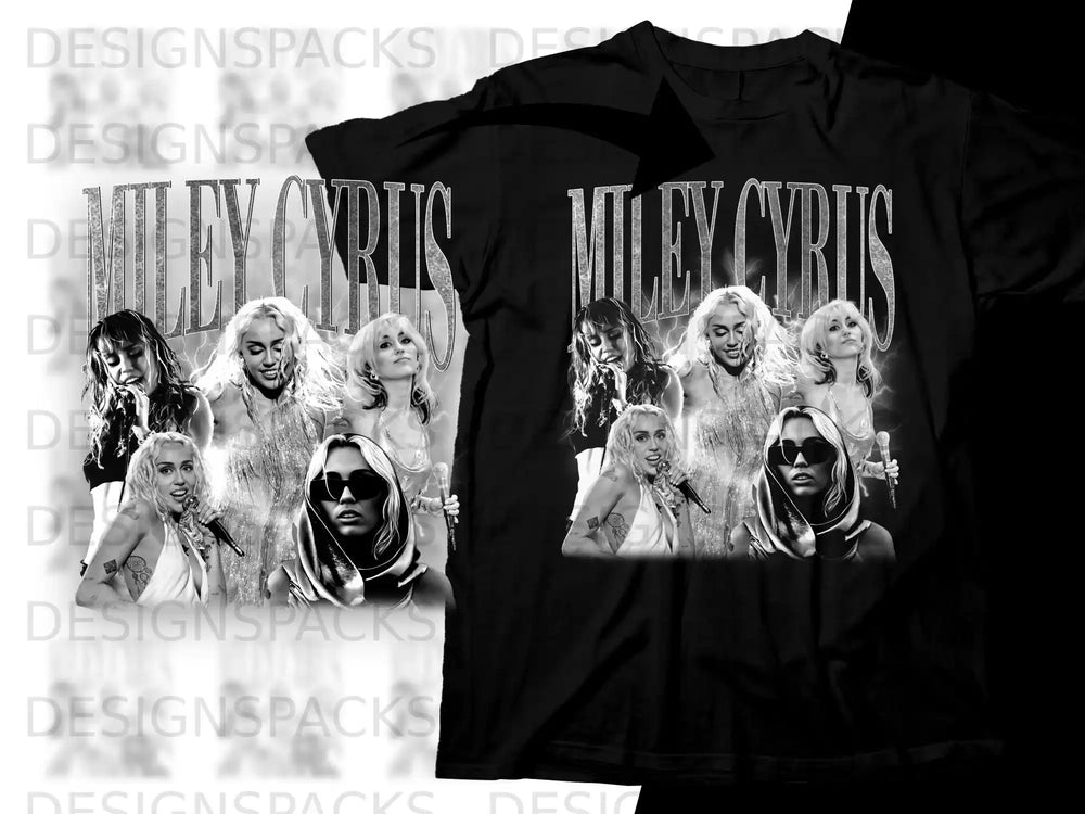 Miley Cyrus collage graphic on a black t-shirt.
