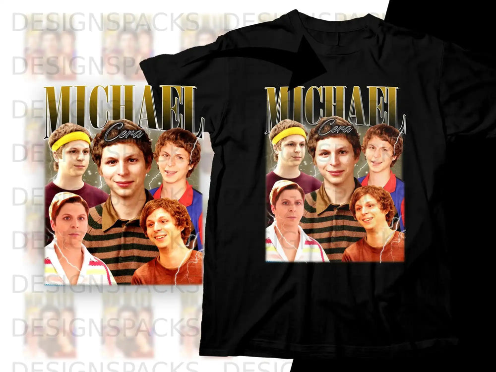 T-shirt with Michael Cera collage graphic on black fabric.