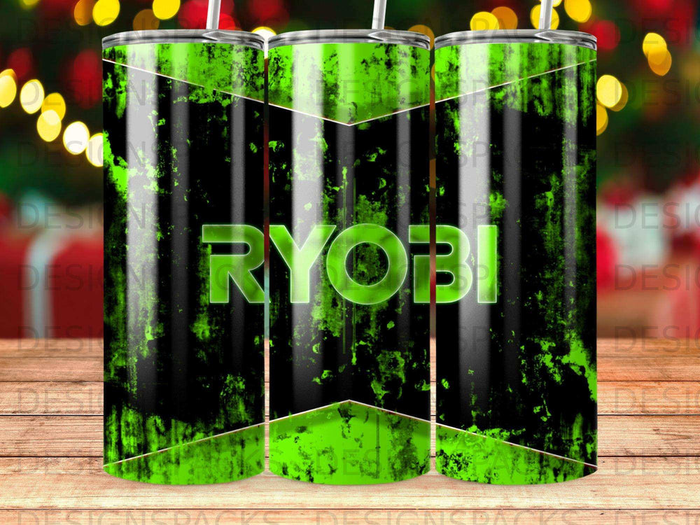 Ryobi logo on a green and black distressed tumbler.