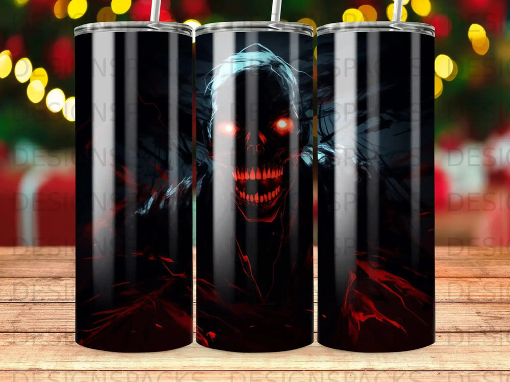 Dark, glowing skull design on a tumbler, repeating on a patterned background.