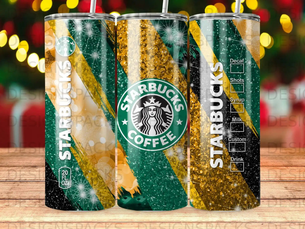 Starbucks coffee tumbler with green and gold sparkle design.