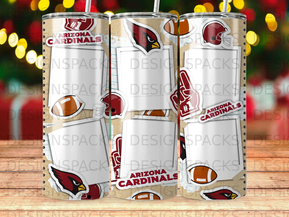 Arizona Cardinals tumbler with football accents and photos.