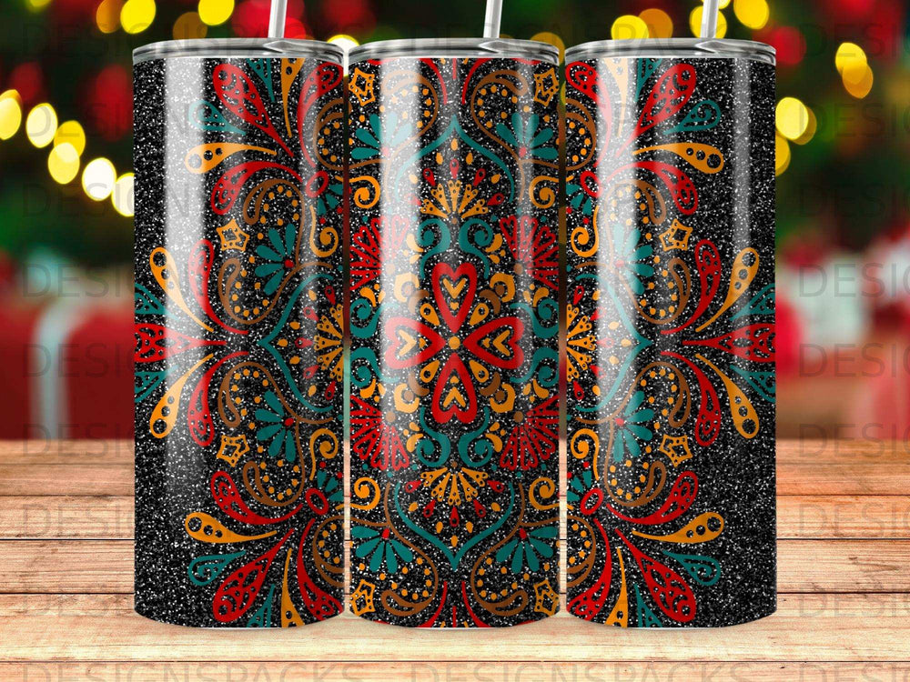 Three tumblers with a repeating colorful mandala pattern on a black background.