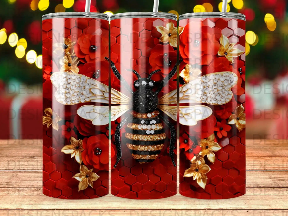Bee and floral design on a red honeycomb patterned tumbler.