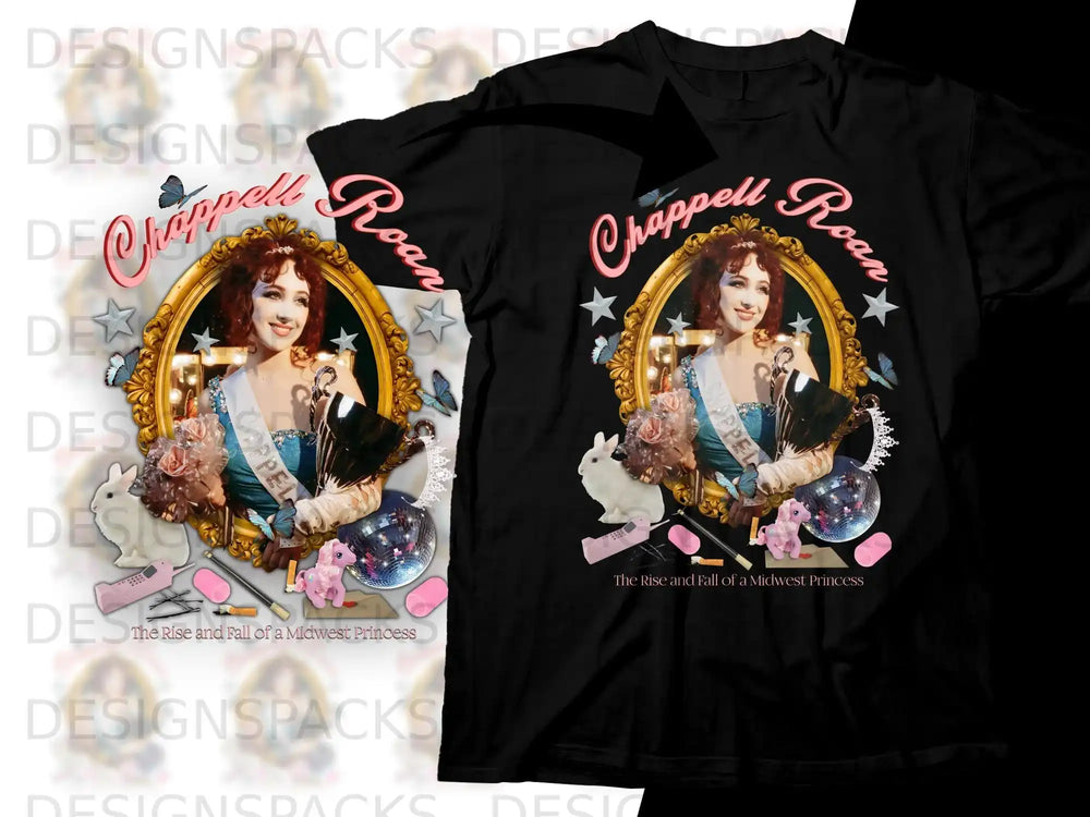 Chappell Roan "The Rise and Fall of a Midwest Princess" album art on black t-shirt.