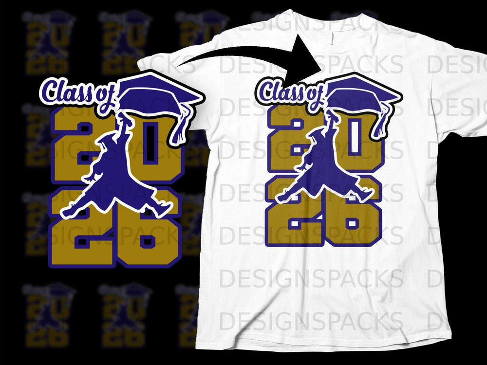 "Class of 2026" graphic with graduation cap and silhouette on a white t-shirt.