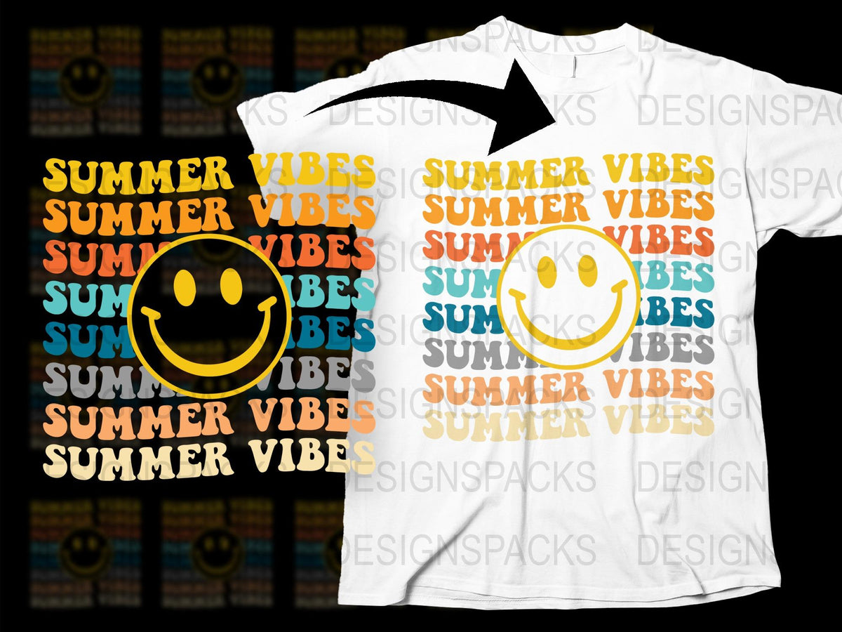 Summer Vibes T-Shirt Colorful Smiley Face Graphic Tee Unisex Fashion Trendy Casual Wear for All Seasons