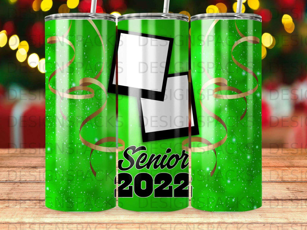 Senior 2022 tumbler with green glitter background and two photo frames.