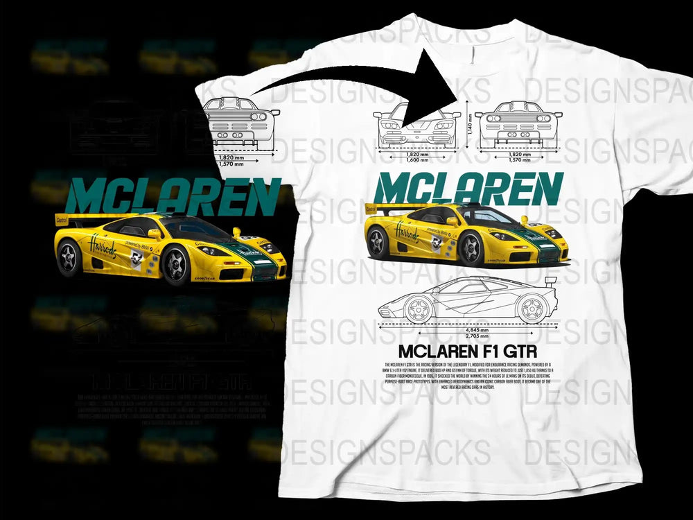 McLaren F1 Racing Car Graphic T-Shirt, Yellow Sportscar Print, Casual Motorsport Tee, Unisex Car Enthusiast Gift